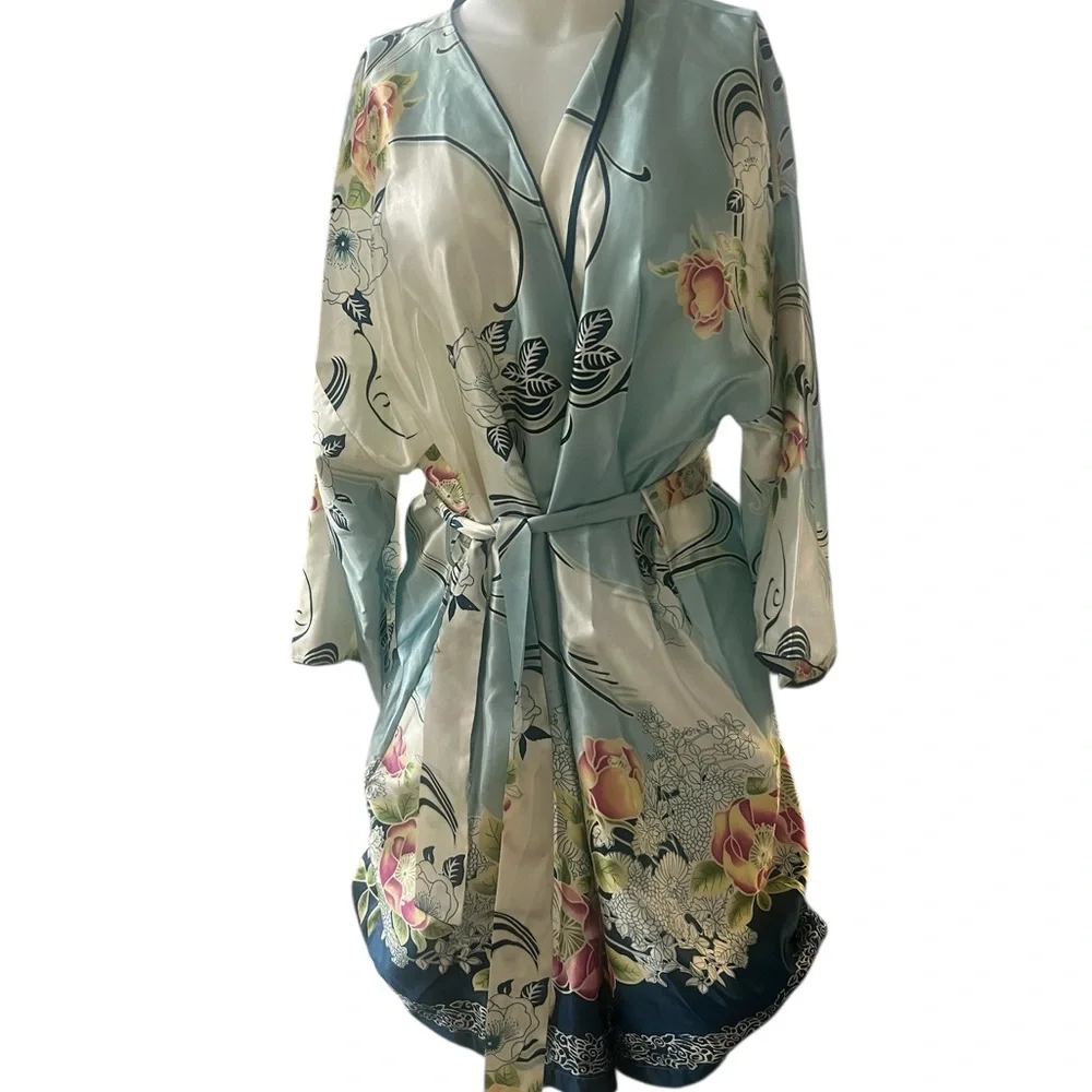 Oscar Del Le Renta Floral Satin Kimono Robe